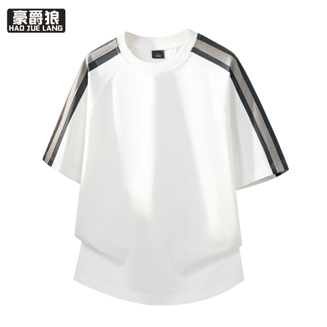 13461793.撞色条纹短袖男夏季新款潮牌美式风纯棉半袖衣服青少年宽松T恤衫
