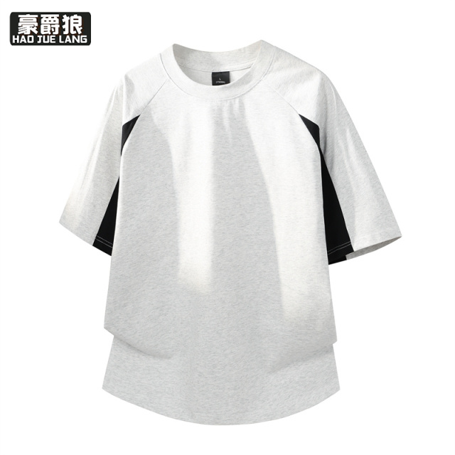 13461876.纯棉短袖T恤男撞色落肩袖宽松休闲夏季轻薄透气套头运动圆领上衣