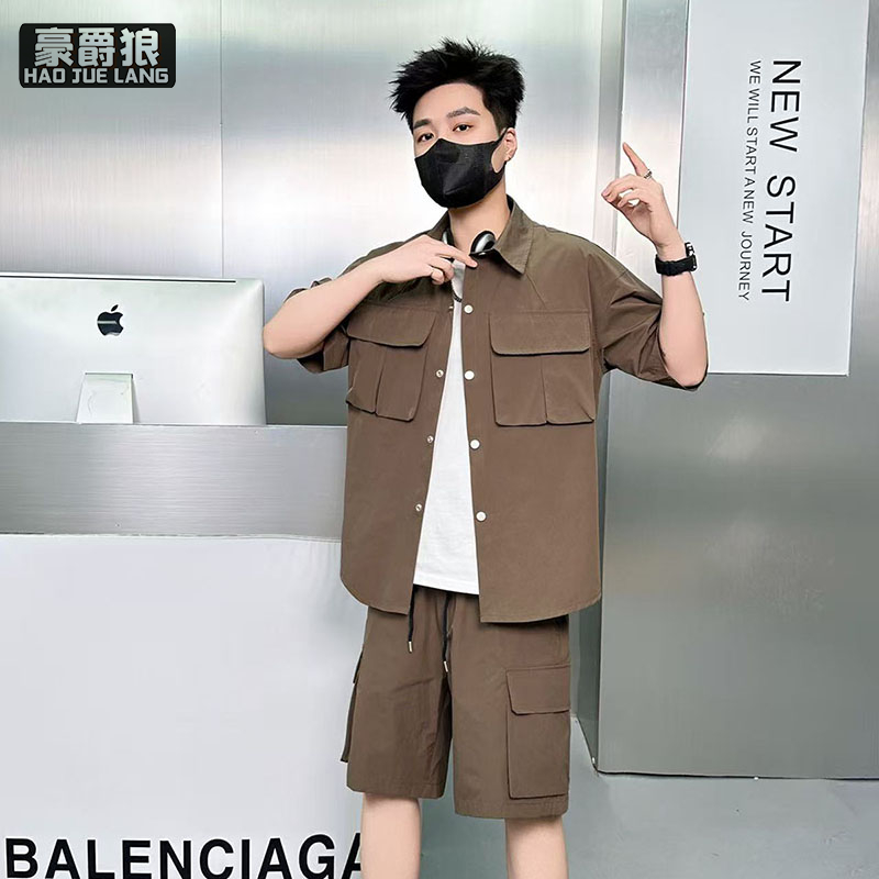 13461878.青年潮牌百搭宽松纯色休闲套装夏季男士简约短袖卫衣短裤两件套装