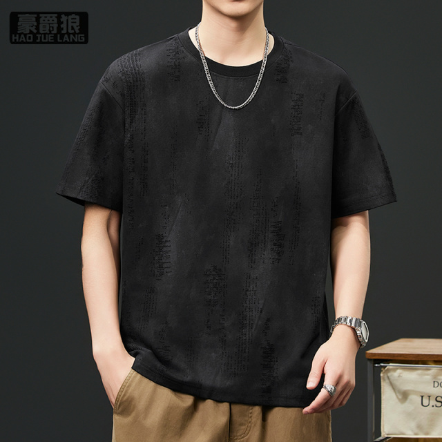 13461879.美式复古提花肌理感短袖T恤男士时尚夏季新款宽松老钱风夏装上衣