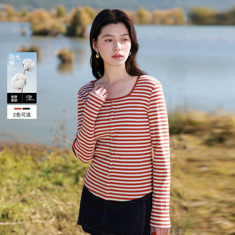 13456808.三彩若潮大码女装2026春季新款方领条纹T恤弹力长袖爱心扣胖MM