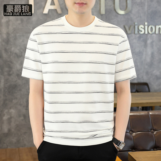 13461782.男士条纹短袖t恤时尚新款夏季休闲圆领半袖上衣潮流修身体恤