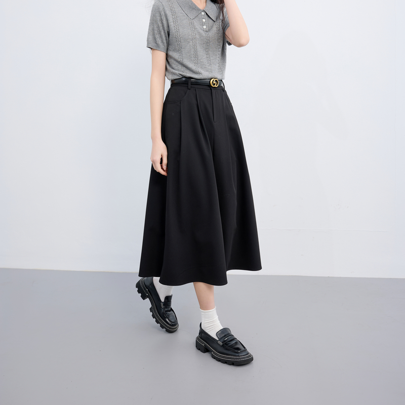 13455256.三彩若潮大码女装2025秋季新款高腰半身裙A字伞裙长裙压褶胖MM