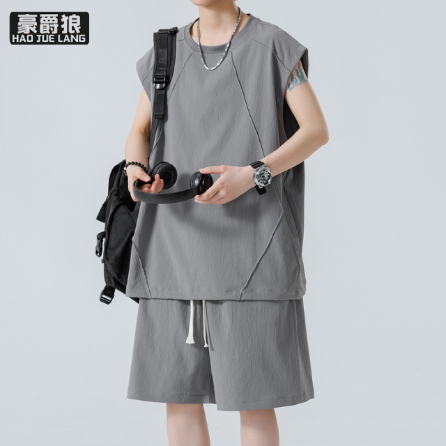 13461823.无袖t恤背心短裤套装男夏季冰丝速干仿亚麻休闲运动篮球服两件套