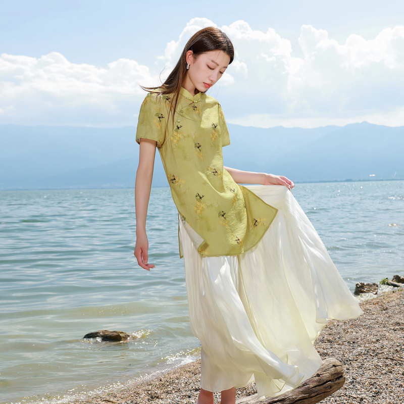 13458531.三彩若潮大码女装2025秋新款国风立领小衫短袖盘扣唐仕女宽松胖MM