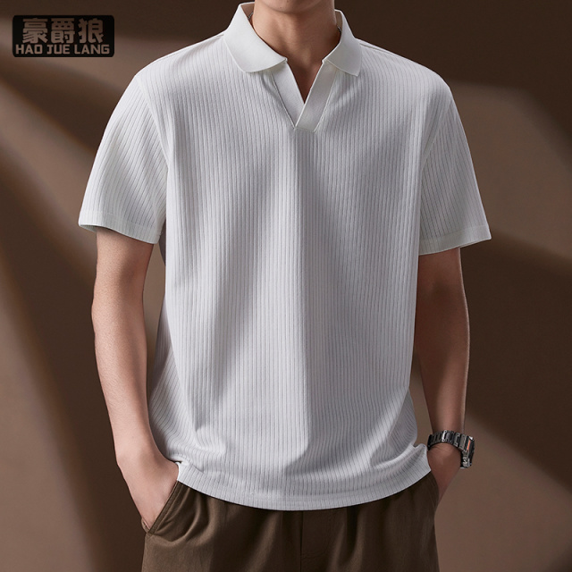 13461888.男士短袖Polo衫夏季新款纯色暗纹凉感翻领T恤中青年休闲百搭上衣