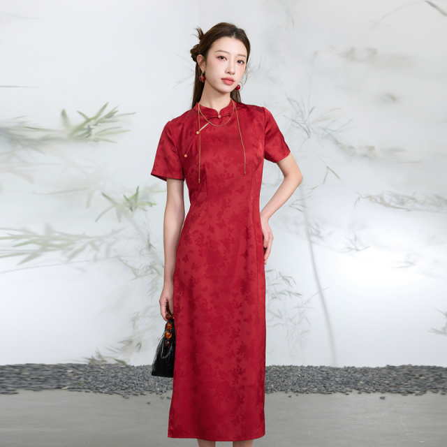 13458456.三彩若潮大码女装2026夏季新款国风立领连衣裙收腰提花长裙胖MM