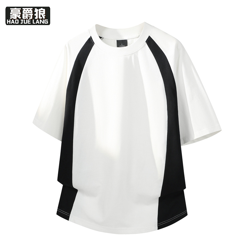 13461856.新款潮牌拼色重磅纯棉圆领短袖t恤夏季宽松休闲男落肩插肩袖