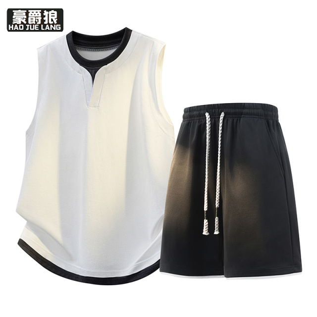 13461788.假两件背心套装男夏季新款宽松休闲坎肩短裤两件套男装帅气衣服潮