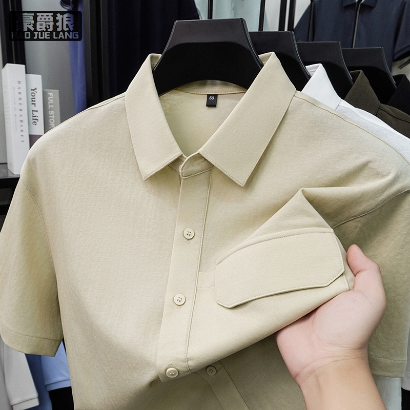 13461813.棉麻短袖衬衫男士夏季新款有口袋纯色商务休闲爸爸装免烫抗皱衬衣