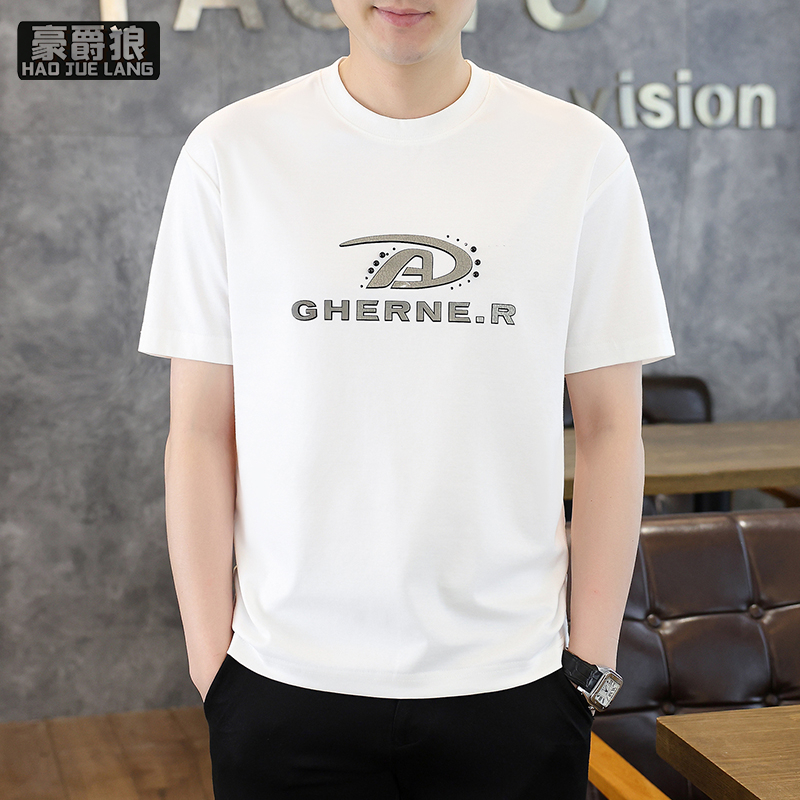 13461786.美式潮牌字母穿珠短袖男款舒适新款圆领落肩简约日常半截袖上衣装