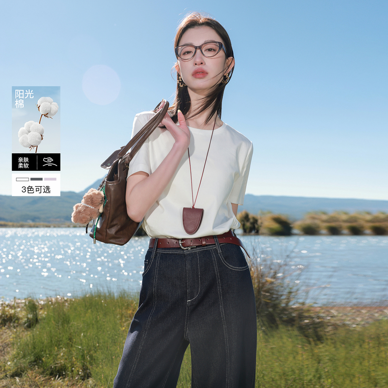 13456767.【100棉】三彩若潮大码女装2026春季新款基础款圆领T恤短袖胖MM