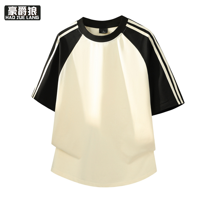 13461886.潮牌美式复古三条杠短袖男款夏季重磅纯棉宽松杏色t恤
