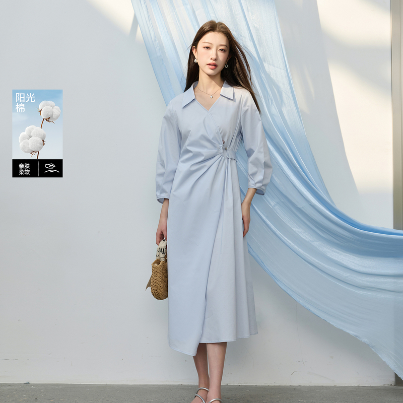 13455447.三彩若潮大码女装2026春季新款一片式连衣裙收腰长裙极简蓝色胖MM
