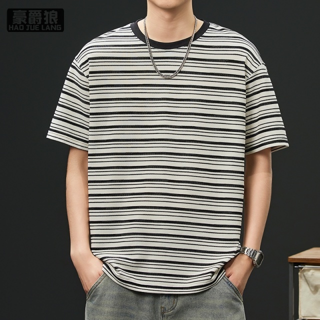 13461864.美式撞色条纹短袖t恤男夏季时尚新款潮流宽松休闲珠地棉半袖上衣