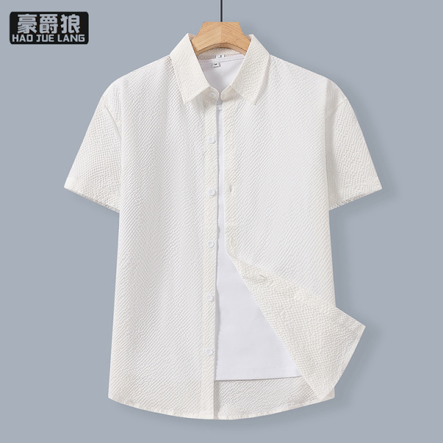 13461805.夏季男士泡泡纱纯色简约港风休闲时尚百搭薄款休闲翻领短袖衬衫