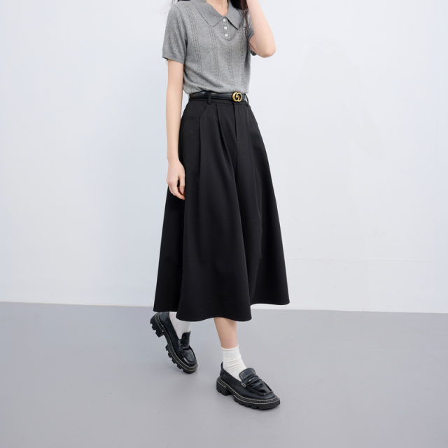 13455256.三彩若潮大码女装2025秋季新款高腰半身裙A字伞裙长裙压褶胖MM