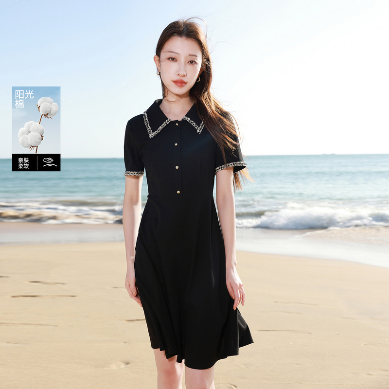 13458454.三彩若潮大码女装2026夏季新款香风连衣裙收腰A字中裙黑色胖MM