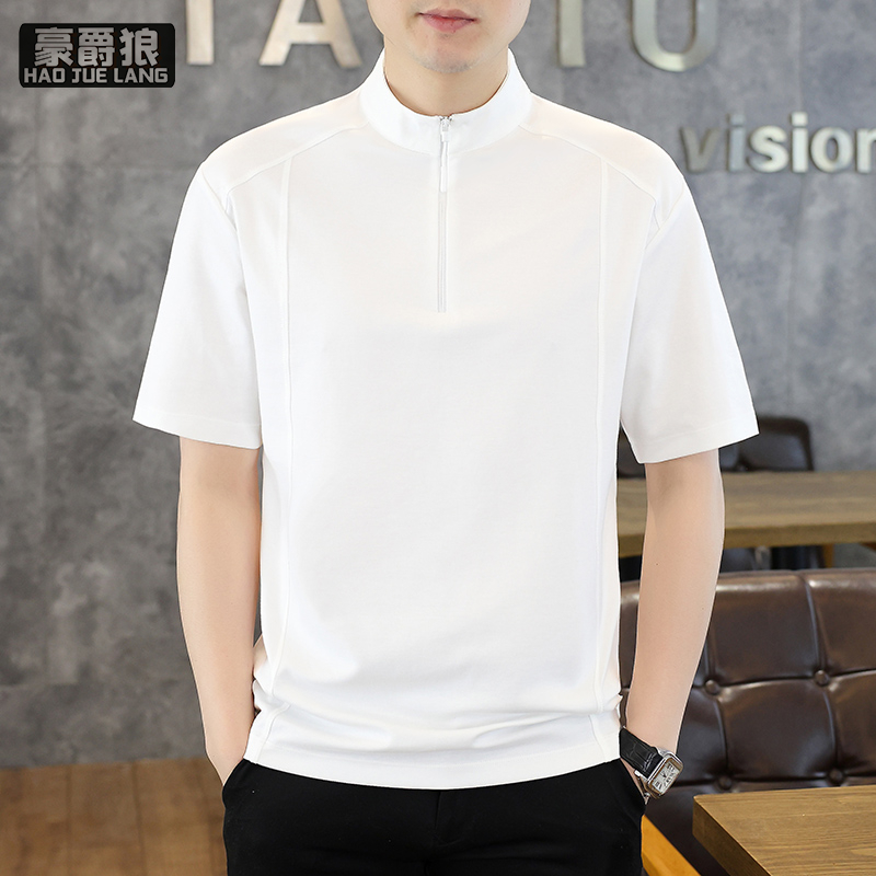 13461849.立领短袖t恤男款夏季透气棉质半袖上衣新款型男半拉链POLO衫
