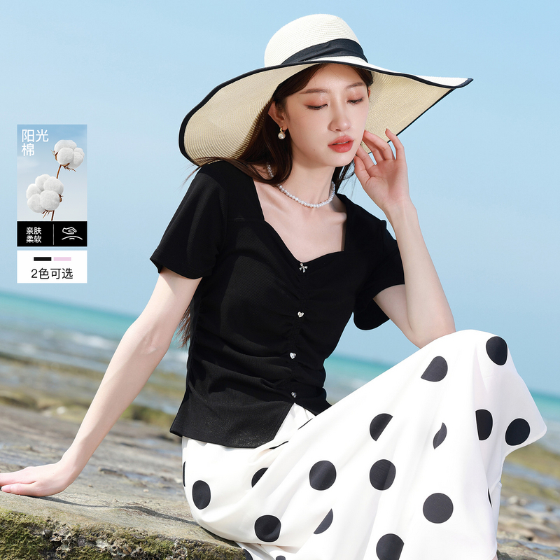 13458494.三彩若潮大码女装2026夏季新款方领T恤短袖修身显瘦优雅胖MM