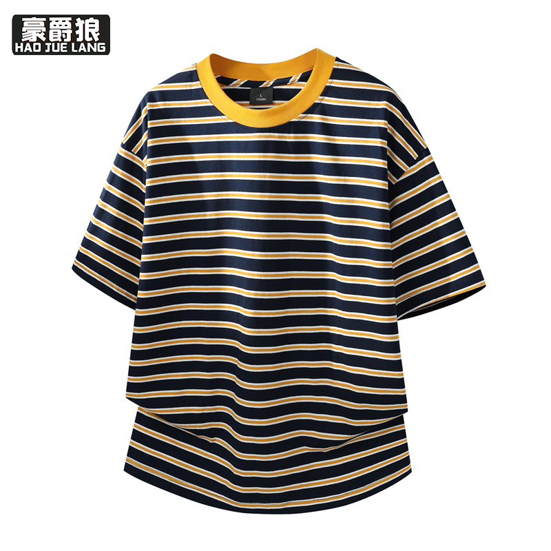 13461821.新款美式纯棉百搭条纹潮短袖T恤男宽松圆领套头休闲宽松情侣上衣