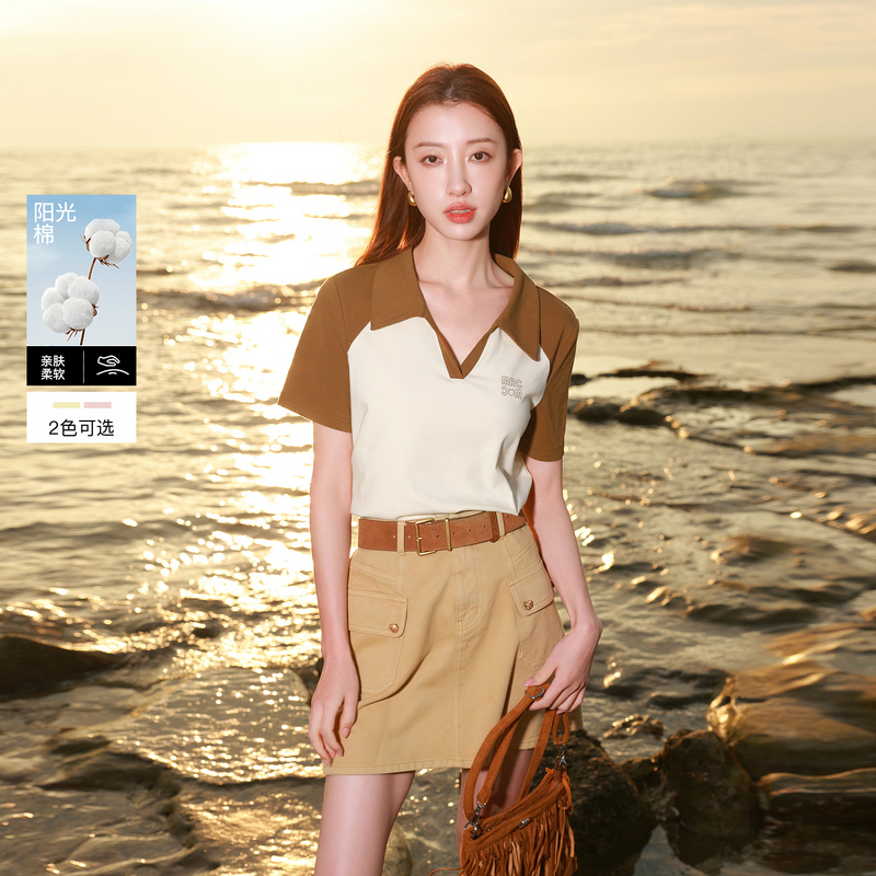 13458461.三彩若潮大码女装2026夏季新款Polo领T恤短袖撞色显瘦短袖胖MM