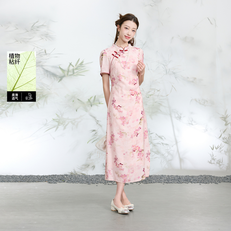 13455254.三彩若潮大码女装2025秋新款国风旗袍连衣裙长裙立领收腰印花胖MM