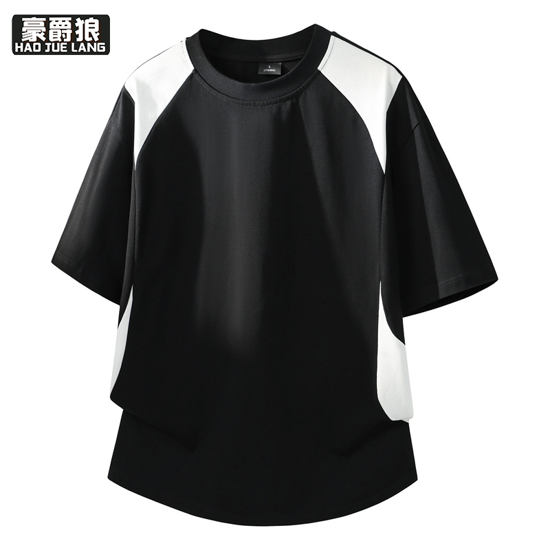 13461882.撞色拼接运动短袖t恤男款夏季轻薄透气速干重磅纯棉半袖圆领上衣