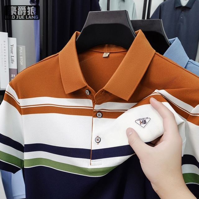 13461803.高档冰丝翻领短袖t恤男士时尚夏季薄款商务休闲舒适条纹POLO衫