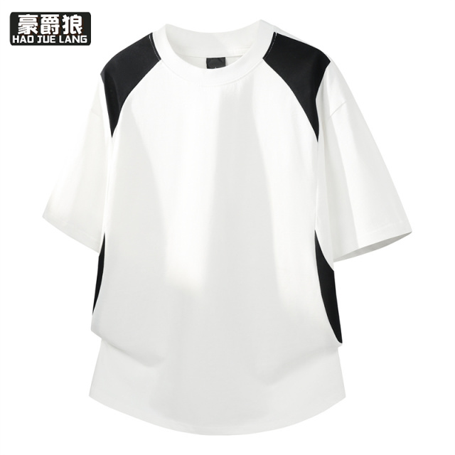 13461882.撞色拼接运动短袖t恤男款夏季轻薄透气速干重磅纯棉半袖圆领上衣