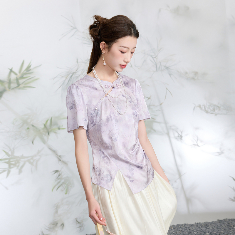 13455403.三彩若潮大码女装2026夏季新款提花印花国风小衫上衣短袖紫胖MM