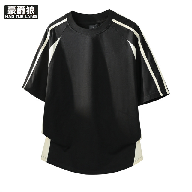 13461866.撞色拼接条纹100%纯棉T恤男款夏季宽松高级感透气短袖上衣