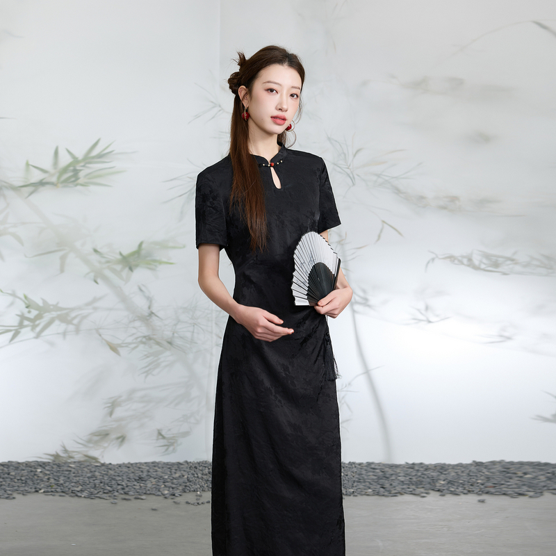 13458529.三彩若潮大码女装2025秋季新款国风旗袍连衣裙长裙立领提花胖MM