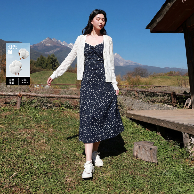 13457879.三彩若潮大码女装2026春季新款棉碎花吊带裙收腰长裙修身藏青胖MM
