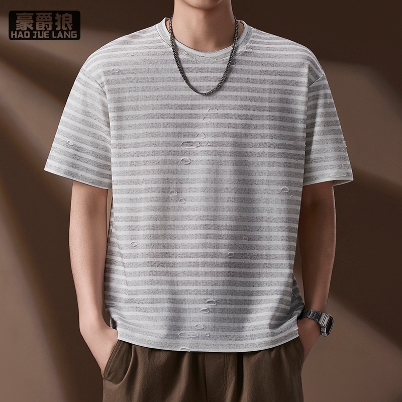 13461865.老钱风条纹短袖男士冰丝T恤舒适夏季新款高端宽松破洞上衣服夏装