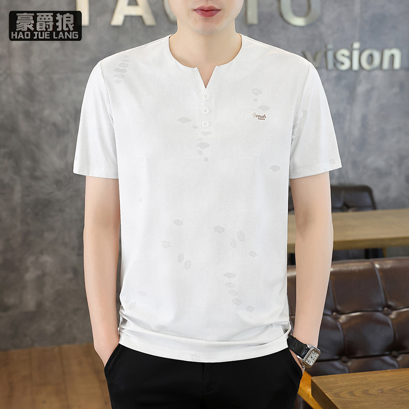 13461841.新款夏季冰丝燕尾领短袖T恤男潮流薄款宽松舒适半袖上衣