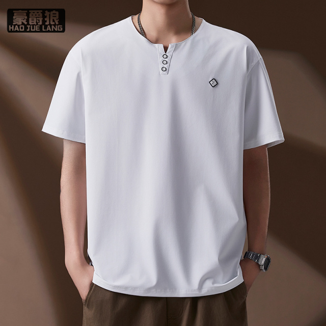 13461835.男士冰感短袖T恤夏季新款V领中式复古纽扣纯色中年青年休闲上衣