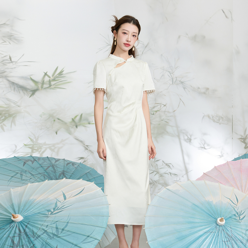 13458452.三彩若潮大码女装2026夏季新款国风立领连衣裙收腰提花长裙白胖MM