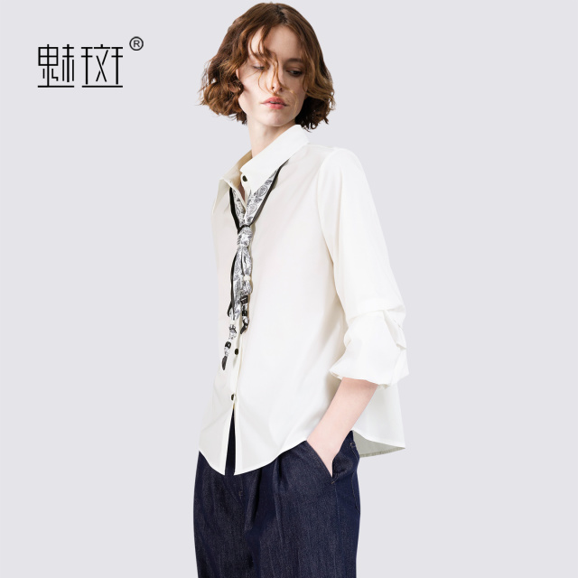 13457659.魅斑丝巾飘带白色衬衫九分花苞袖衬衣