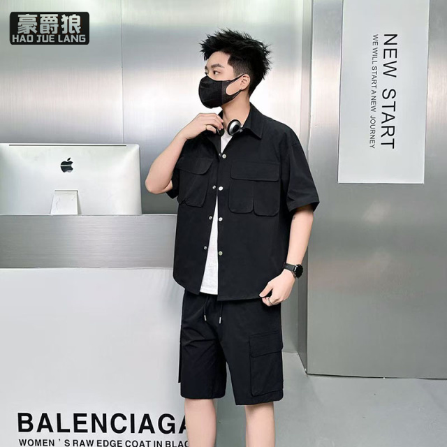 13461878.青年潮牌百搭宽松纯色休闲套装夏季男士简约短袖卫衣短裤两件套装