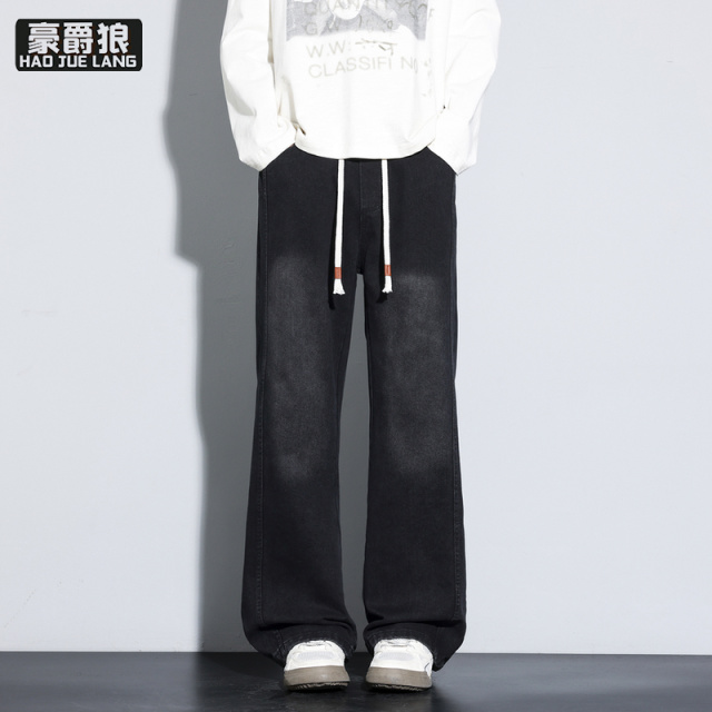13469938.新款美式复古风抽绳宽松牛仔裤男春夏季水洗做旧直筒长裤