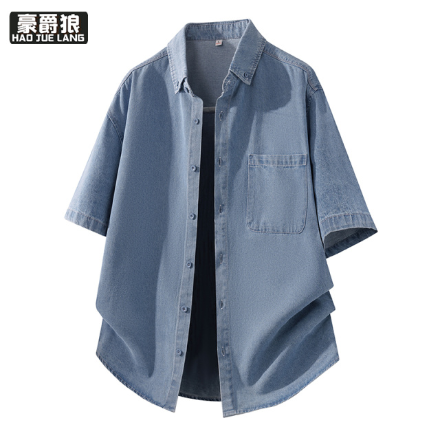 13469934.全棉牛仔短袖衬衫男夏装水洗夏季上衣服纯棉夏天半袖休闲衬衣