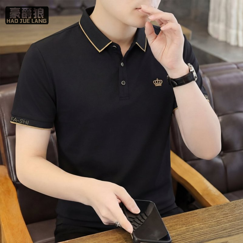 13469967.男士短袖翻领POLO衫白色时尚休闲刺绣皇冠标志T恤夏季半袖上衣