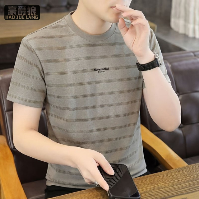 13469975.男士潮牌百搭修身条纹字母圆领短袖T恤夏季青年休闲打底上衣体恤