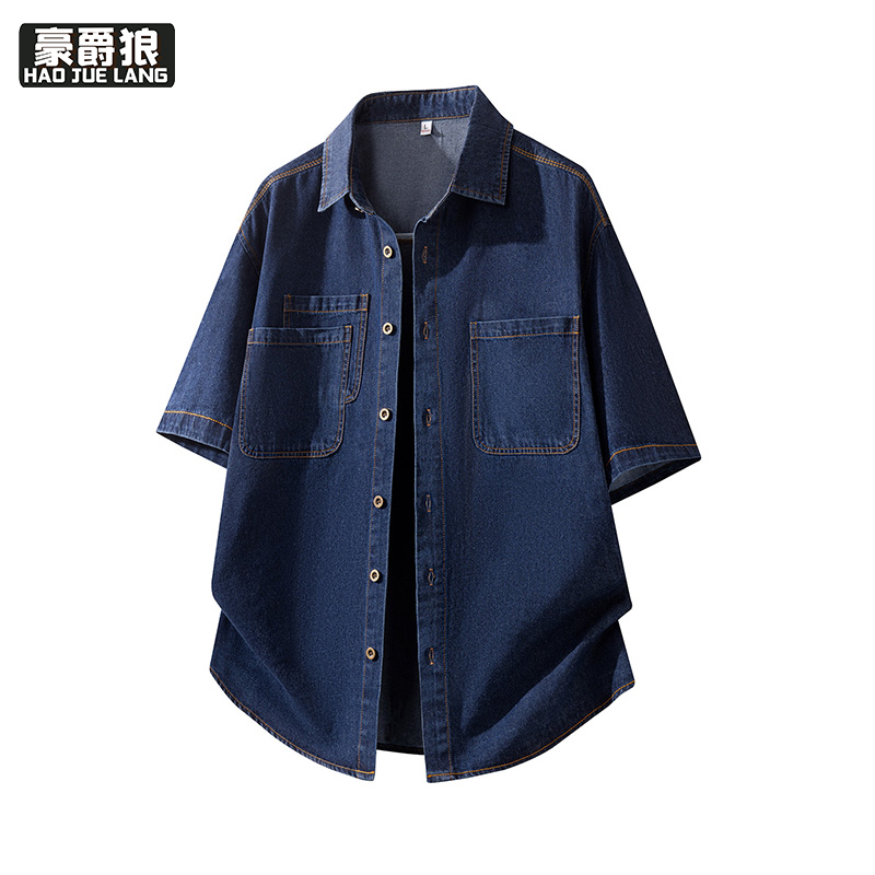 13469931.牛仔风短袖衬衫男水洗夏季复古翻领工装衬衣蓝色休闲百搭半袖上衣