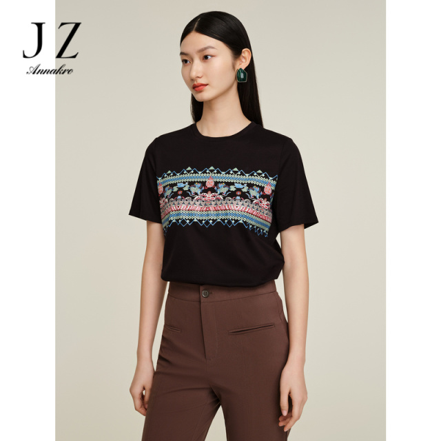 13471223.JZ玖姿商场同款国风珠片印花直筒短袖T恤女夏季新款JWDX83305
