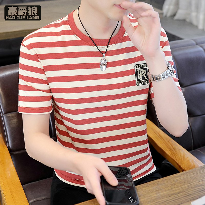 13469945.高档圆领条纹男士短袖T恤夏季薄款高级感体恤衫潮牌半袖上衣男装