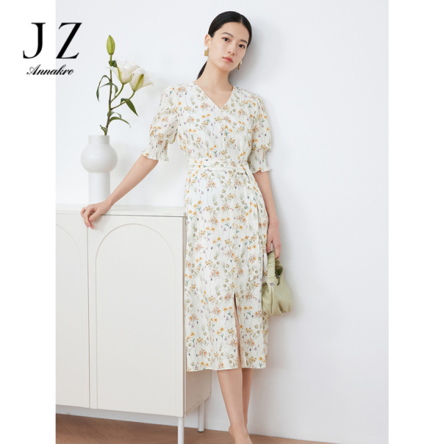 13472594.JZ玖姿花卉印花连衣裙女装夏季新款麻料收腰系带连衣裙
