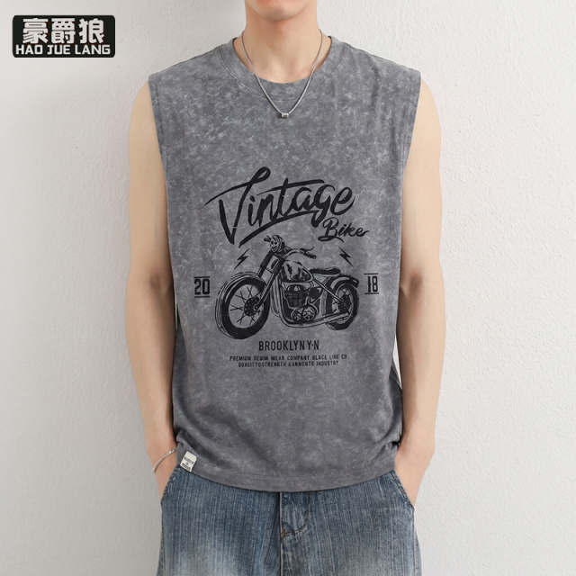 13469961.男士夏季圆领背心青年无袖t恤美式马甲坎肩户外透气扎染打底衫