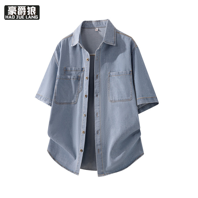 13469931.牛仔风短袖衬衫男水洗夏季复古翻领工装衬衣蓝色休闲百搭半袖上衣